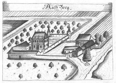 Engraving, View of Aichberg Castle, Upper Austria by Georg Matthaus Vischer